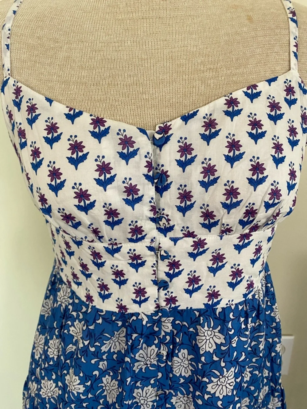 J. Crew Blue and White Mixed-Print Tiered Maxi Dress. Cotton. Size 4
